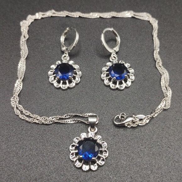 925 Silver Lab Sapphire Blue Flower Necklace Earrings Set BOHO Fashion Gift NEW - Picture 2 of 8